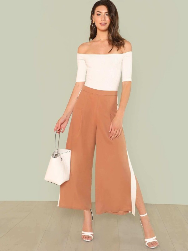 Tape button side 2024 wide leg pants