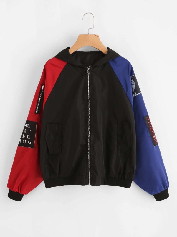 Contrast Sleeve Patch Detail Zip Up Jacket