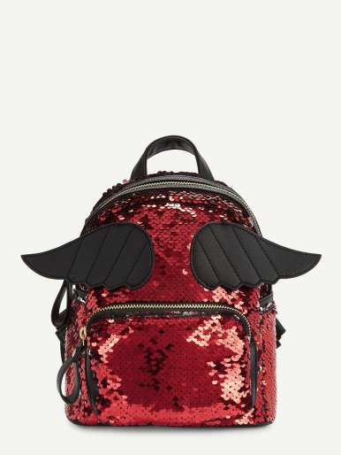 Girls Wing Decor Sequin Backpack