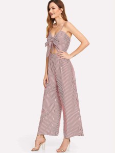 Striped jumpsuit with front knot slit