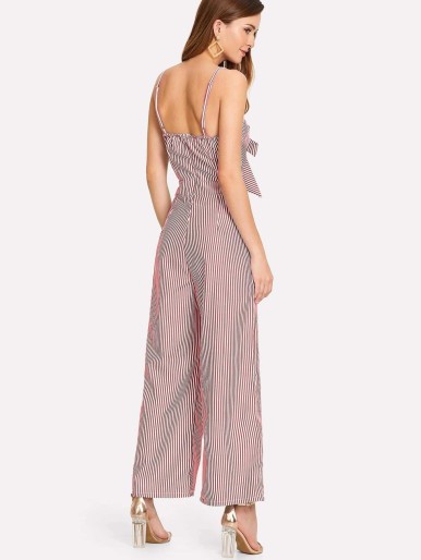 Striped jumpsuit with front knot slit