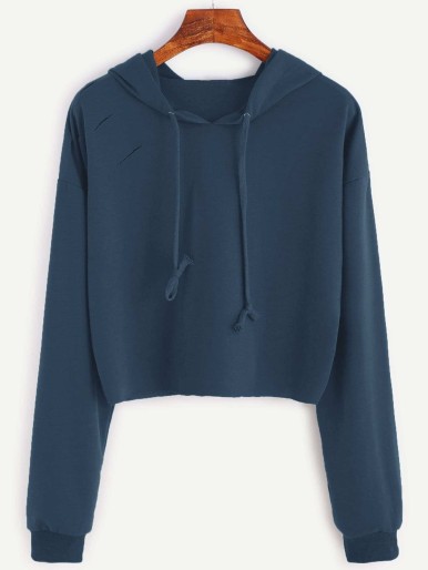 Drop Shoulder Ripped Hooded Crop Sweatshirt