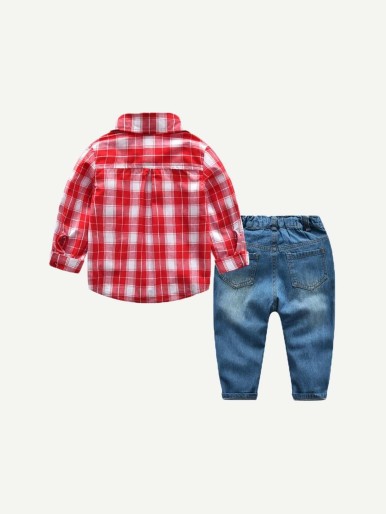 Toddler Boys Letter Embroidered Tartan Shirt With Jeans