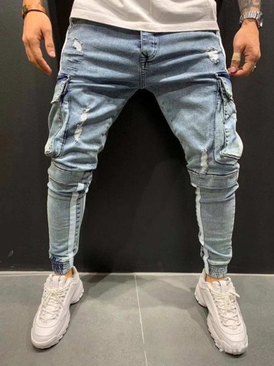 Men Flap Pocket Ripped Jeans