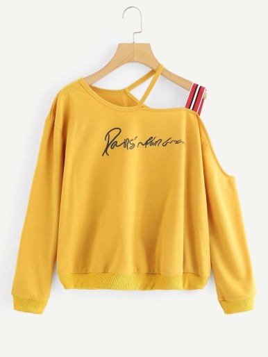 Cutout Asymmetric Shoulder Graphic Sweatshirt