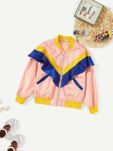 Girls Zip Up Ruffle Trim Jacket