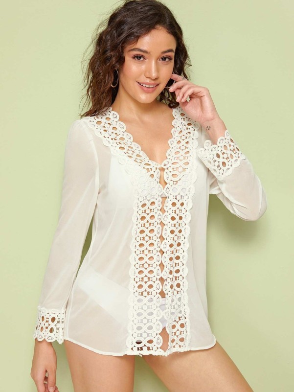 Solid Guipure Lace Insert Sheer Cover Up