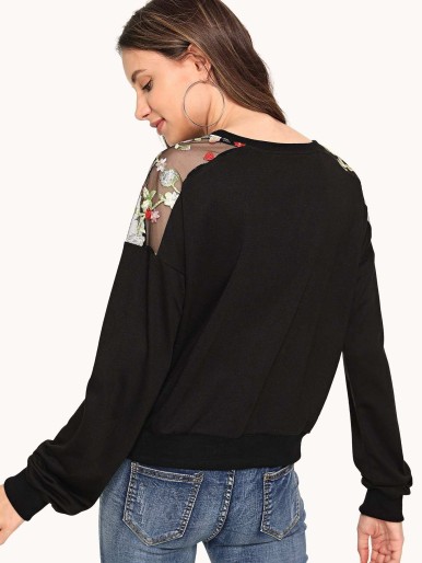 Embroidered Mesh Shoulder Sweatshirt