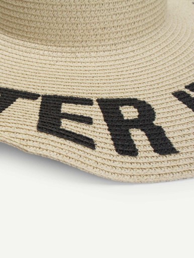 Letter Print Wide Brim Straw Hat