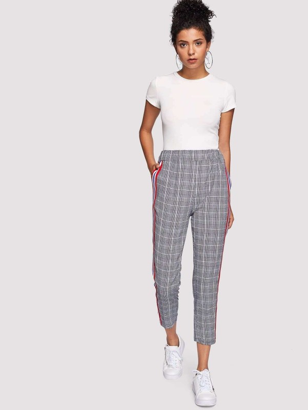 Plaid pants with store stripe on side