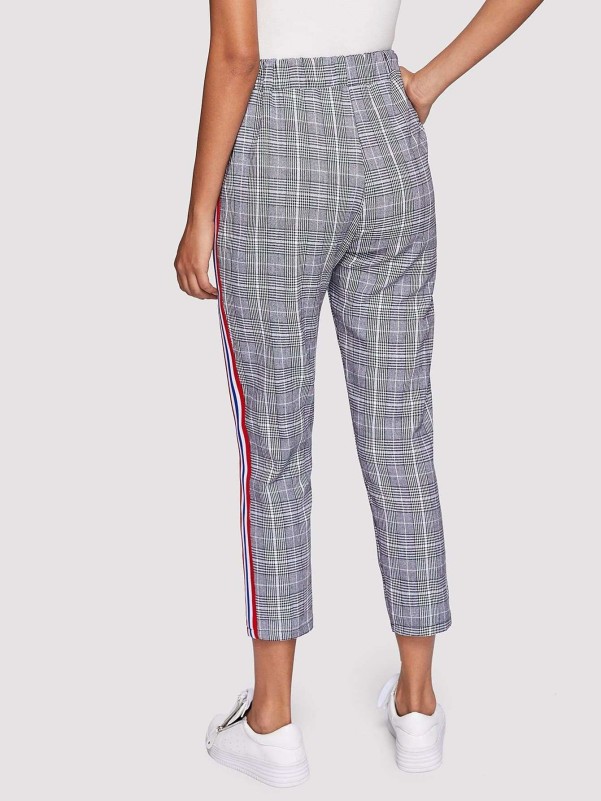 Plaid pants with store stripe on side