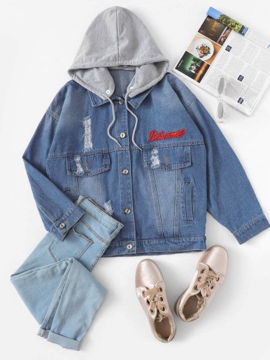 Ripped denim jacket with contrast hood