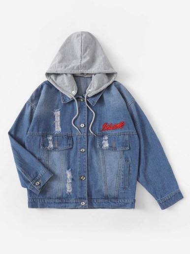 Ripped denim jacket with contrast hood