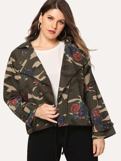 Plus Camo And Floral Print Jacket