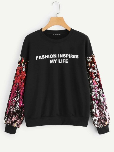Contrast Sequin Letter Print Pullover