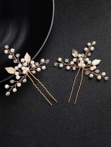 Leaf & Faux Pearl Decor Hairpin 2pcs