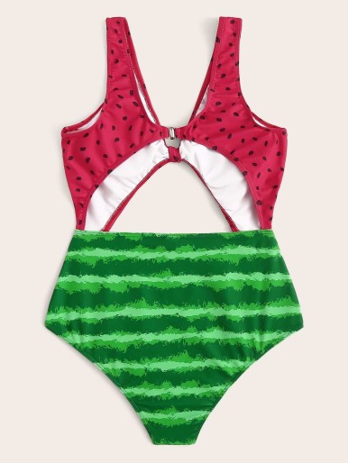 Random Watermelon  Cut-out Tie Front One Piece Swimwear