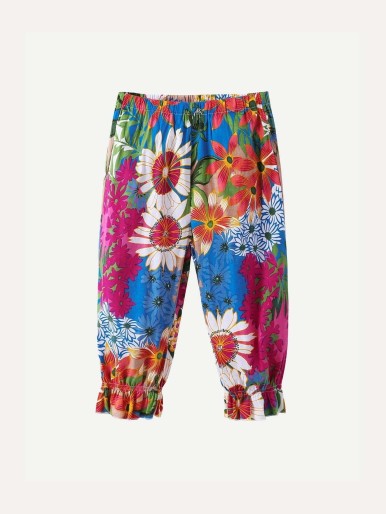 Girls Floral Print Ruffle Pants