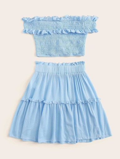 Frill Lace Up Shirred Bardot Top & Paperbag Waist Skirt Set