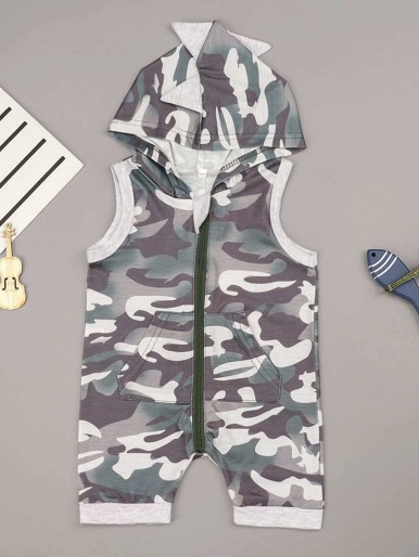 Baby Camo Zipper Through Hooded Jumpsuit