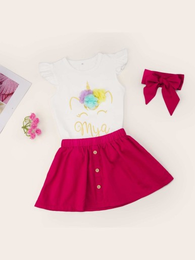Baby Unicorn Print Romper & Button Front Skirt & Headband