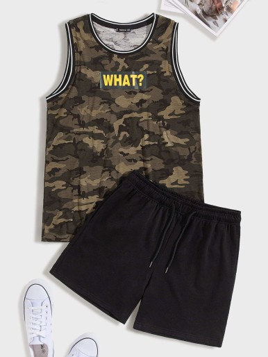 Men Letter Graphic Camo Tank Top and Track Shorts Set