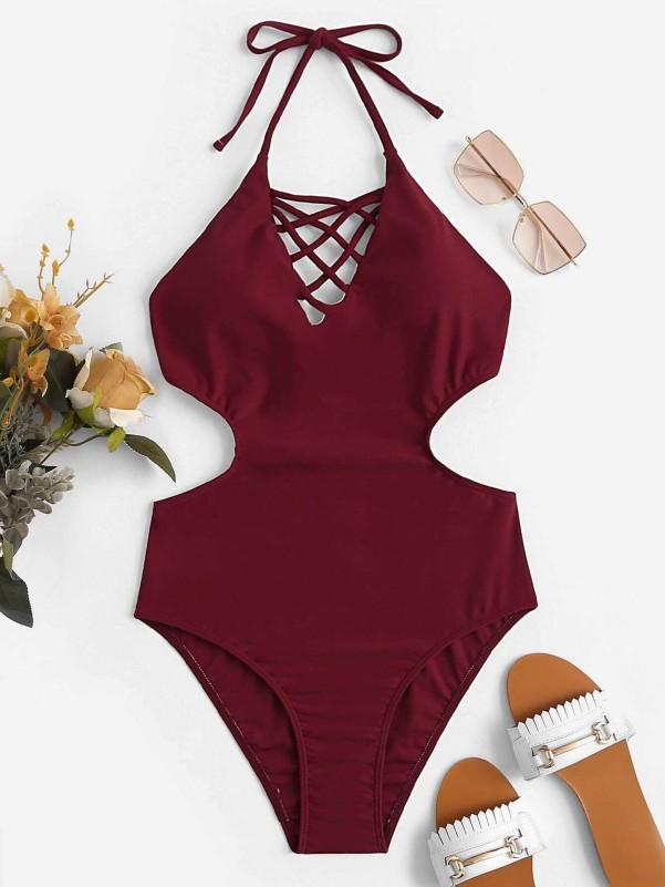 Criss Cross Cut Out Tie Back One Piece Swimsuit 