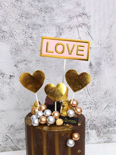 Heart & Slogan Print Cake Topper Decoration 4pcs