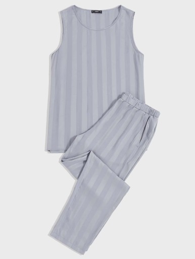 Men Striped Sleeveless Top & Pants PJ Set