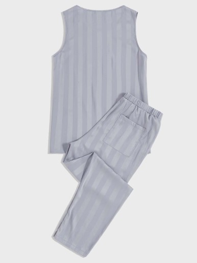 Men Striped Sleeveless Top & Pants PJ Set