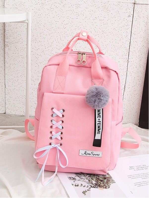 Kids Pom Pom Decor Lace-up Backpack