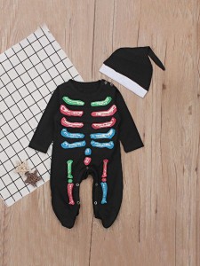 Baby Halloween Print Jumpsuit With Hat