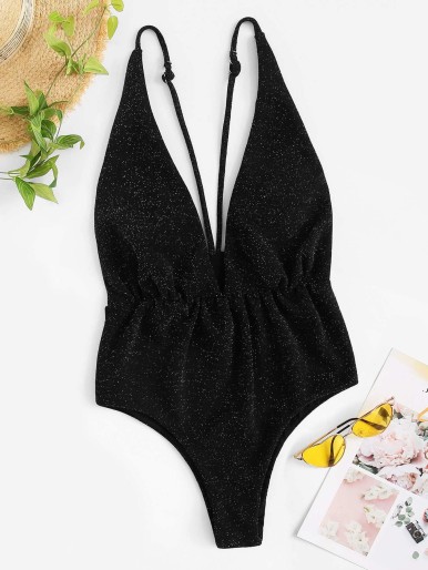 Plunging Neck Glitter One Piece Swimsuit