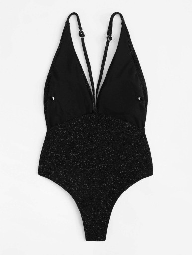 Plunging Neck Glitter One Piece Swimsuit