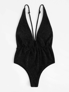 Plunging Neck Glitter One Piece Swimsuit