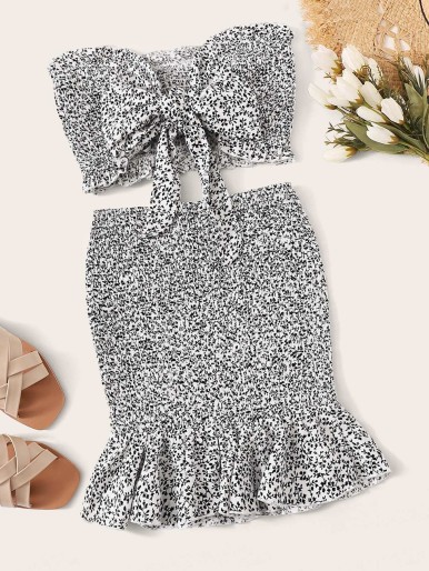 Ditsy Floral Knot Shirred Bandeau and Skirt Set