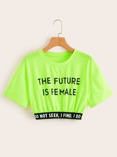 Neon Green Letter Print Tape Crop Tee