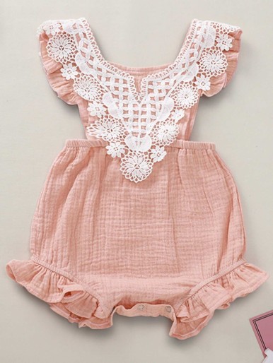 Baby Girl Contrast Guipure Lace Frill Hem Romper