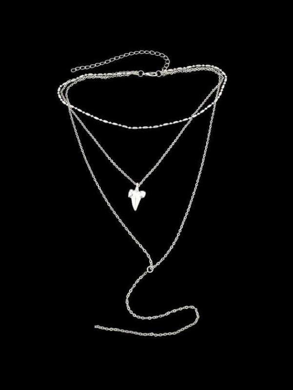 Silver Multi Layers Chain With Geometric Leaf Shape Charm Necklace