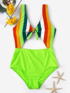 Striped Cutout One Piece Swimsuit