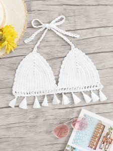 Tassel Hem Halter Crochet Bikini Top