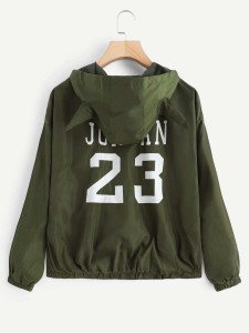 Letter print hooded jacket with drawstring