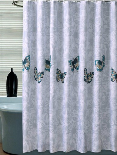 Butterfly Print Shower Curtain With 12hooks