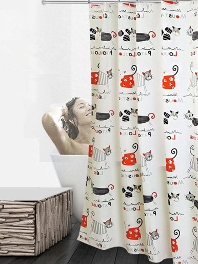 Cat Print Shower Curtain With 12hooks
