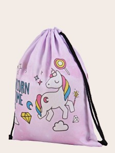 Girls Unicorn Print Backpack With Drawstring