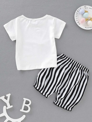 Baby Girl Striped Cat Print Bow Tee & Shorts