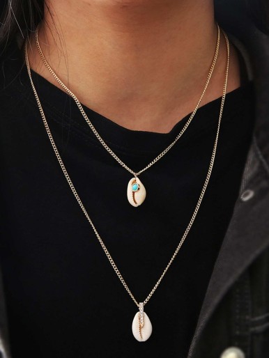 Shell Pendant Layered Chain Necklace