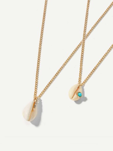 Shell Pendant Layered Chain Necklace
