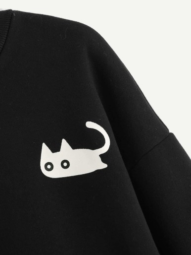 Cat Print Drop Shoulder Pullover