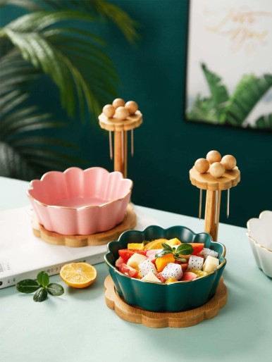 1pc Ceramic Flower Bowl With Wood Holder & Fruit Fork